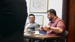 Mohamed Badissy and Kaushik Ray in discussion at a Book Sprint in Cape Town, 2017