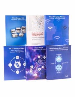 Six books produced for Cisco displayed in a line