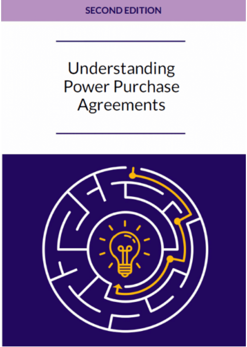 Book cover with the title Understanding Power Purchase Agreements, Second Edition, showing a purple labyrinth and a yellow light bulb in the middle