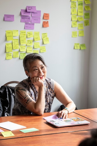 Prof. Lisa Nakamura sitting on a desk in front of a brainstorming wall during Precarity Lab Book Sprint with an attentive look