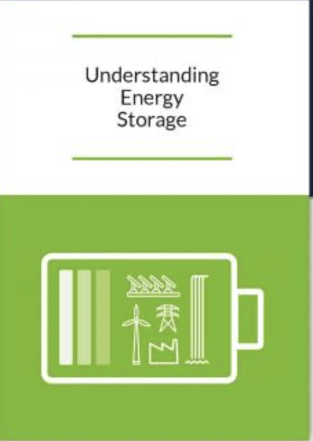 Book cover with the title Understanding Energy Storage, a green background and an image of a big battery